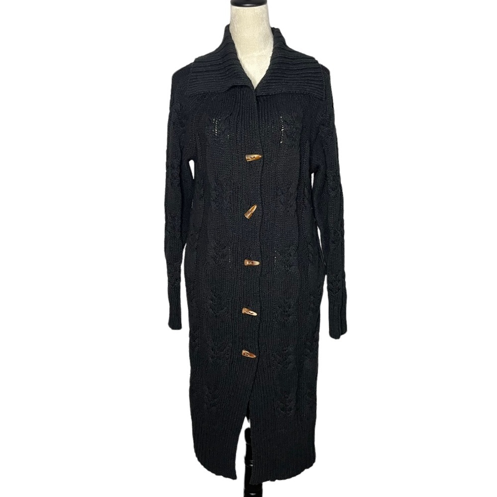 Free People Black Cable Knit Long Cardigan with Toggle Buttons